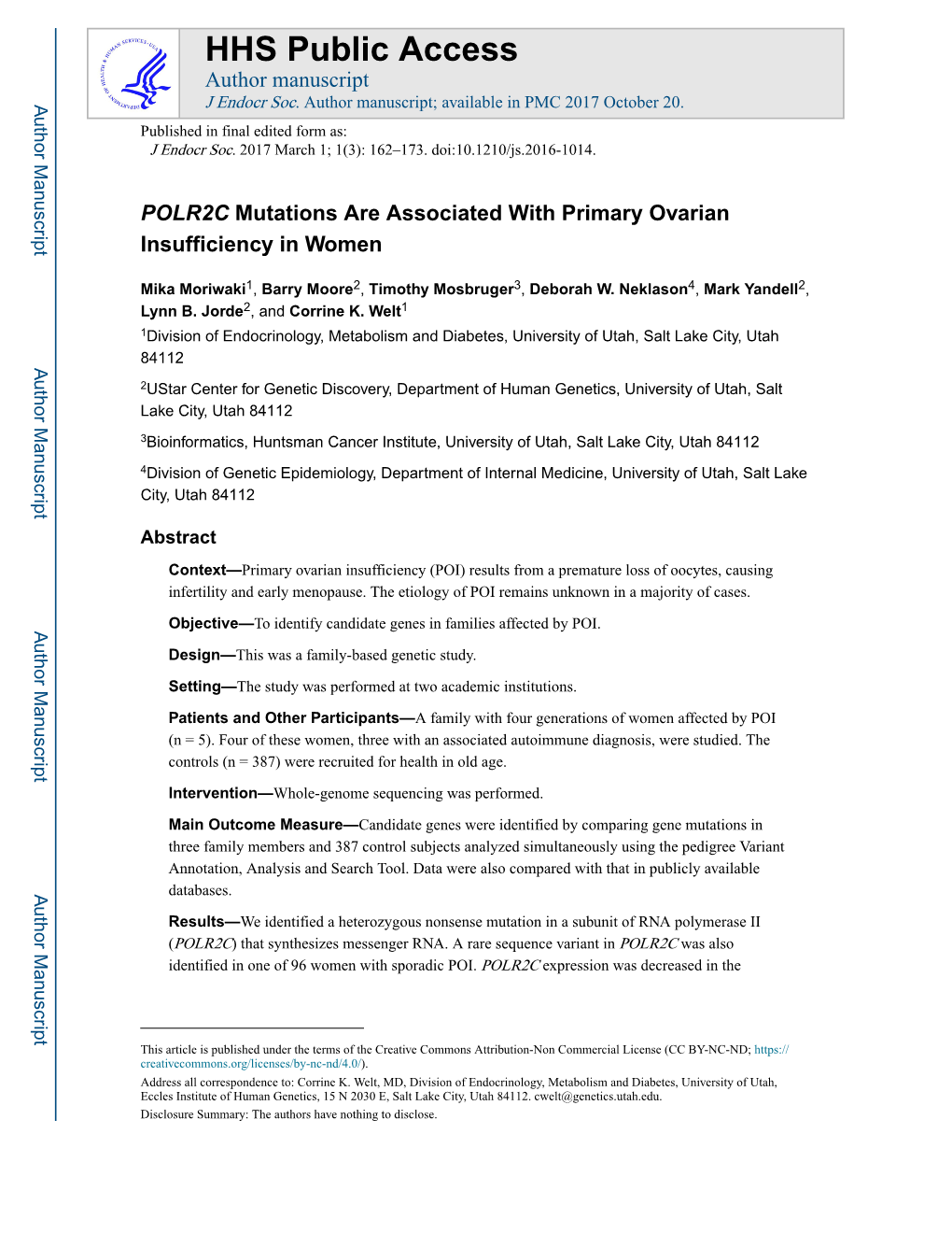 POLR2C Mutations Are Associated with Primary Ovarian Insufficiency in Women