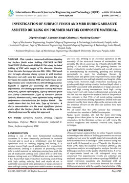 Investigation of Surface Finish and Mrr During Abrasive Assisted Drilling on Polymer Matrix Composite Material