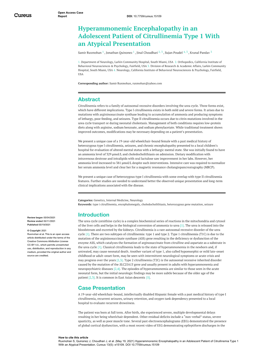 Hyperammonemic Encephalopathy in an Adolescent Patient of Citrullinemia Type 1 with an Atypical Presentation