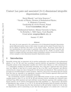 Contact Lax Pairs and Associated (3+ 1)-Dimensional Integrable Dispersionless Systems