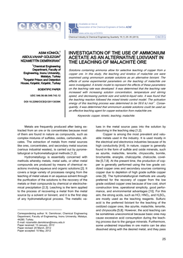 Investigation of the Use of Ammonium Acetate As an Alternative Lixiviant in the Leaching of Malachite