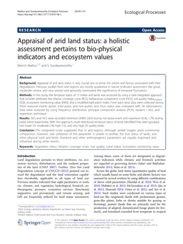 A Holistic Assessment Pertains to Bio-Physical Indicators and Ecosystem Values Manish Mathur1,2* and S