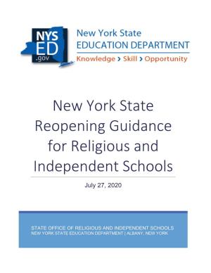 New York State Reopening Guidance for Religious and Independent Schools