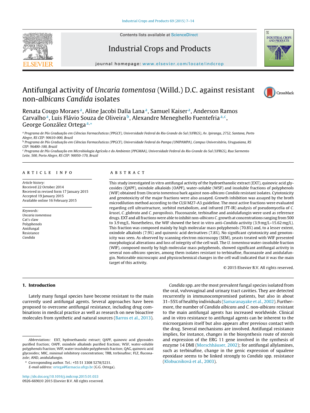 Antifungal Activity of Uncaria Tomentosa (Willd.) D.C