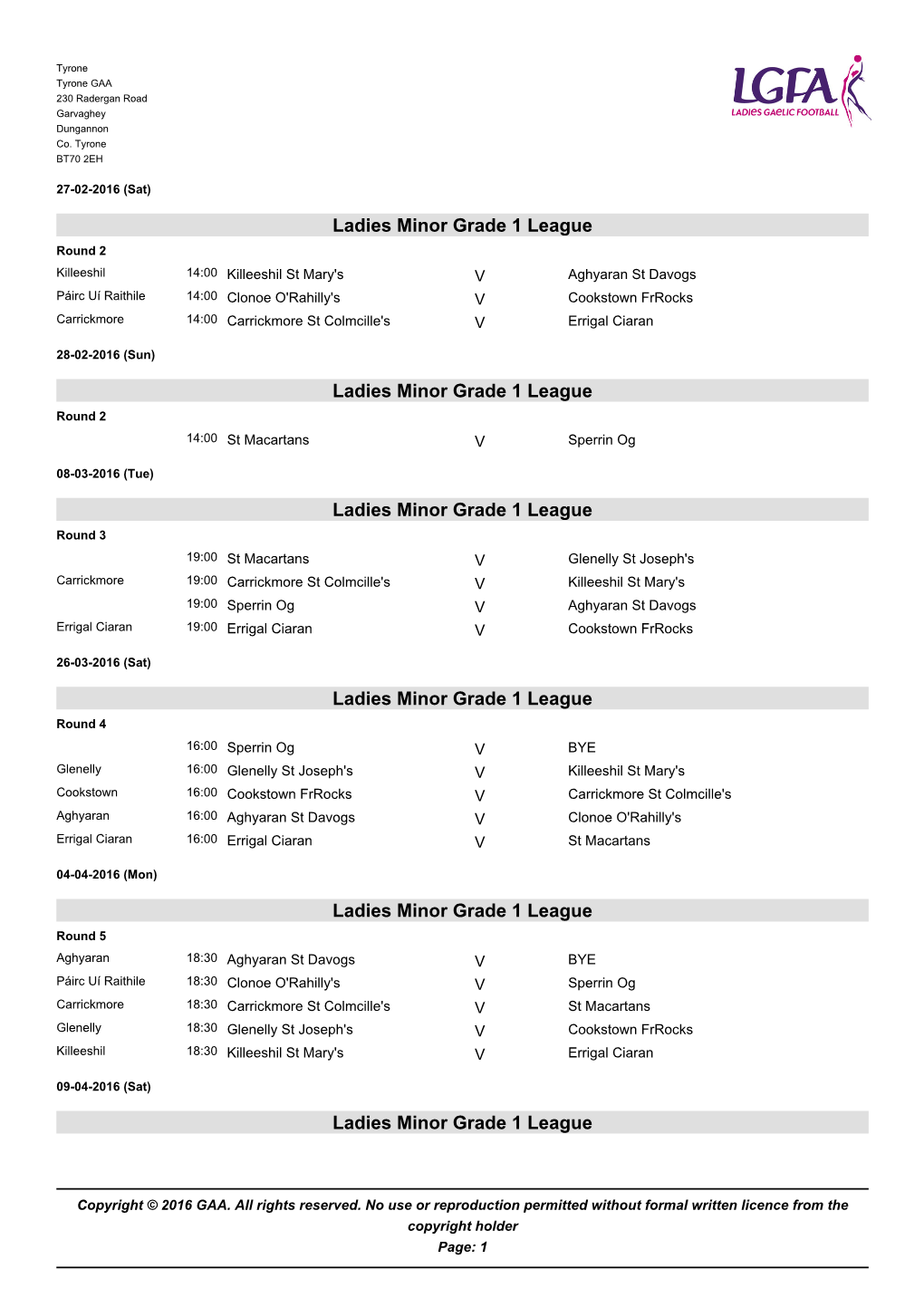 Ladies Minor Grade 1 League