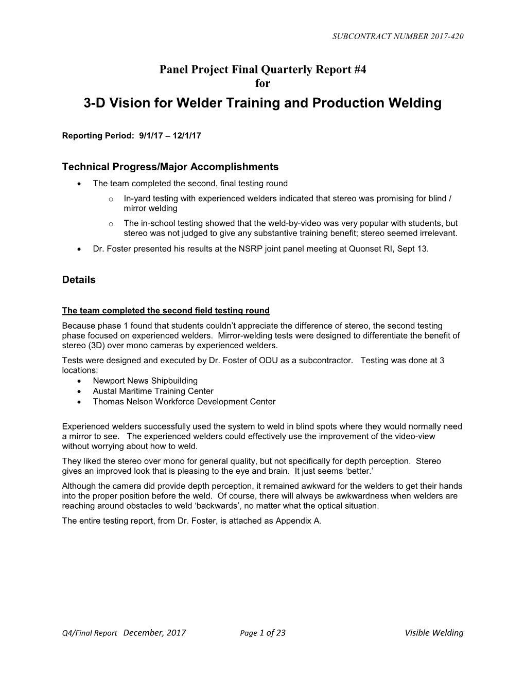 3-D Vision for Welder Training and Production Welding