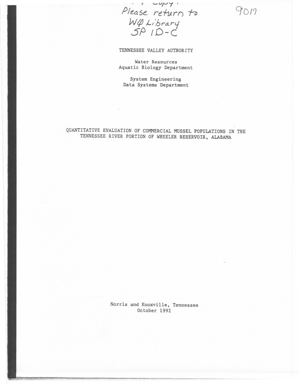 Quantitative Evaluation of Commercial Mussel Populations in the Tennessee River Portion of Wheeler Reservoir, Alabama