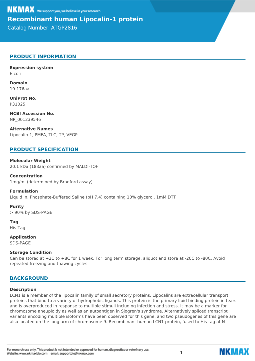 Recombinant Human Lipocalin-1 Protein Catalog Number: ATGP2816