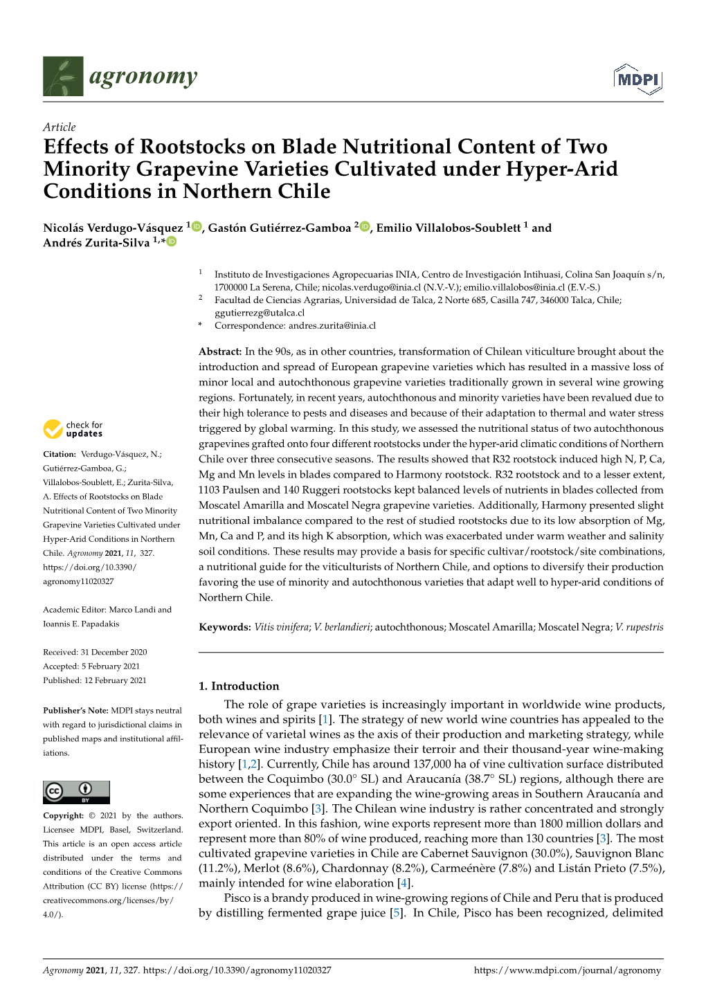 Effects of Rootstocks on Blade Nutritional Content of Two Minority Grapevine Varieties Cultivated Under Hyper-Arid Conditions in Northern Chile