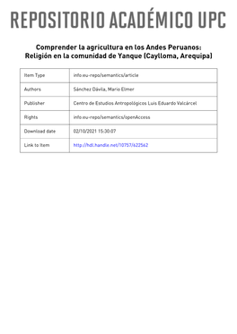 Comprender La Agricultura En Los Andes Peruanos: Religión En La Comunidad De Yanque (Caylloma, Arequipa)