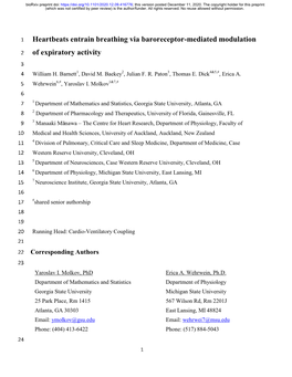 Heartbeats Entrain Breathing Via Baroreceptor-Mediated Modulation 2 of Expiratory Activity 3 4 William H