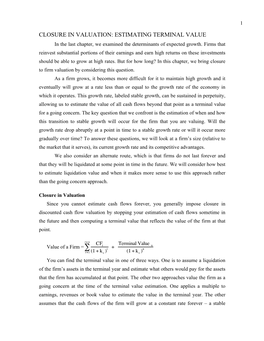 TERMINAL VALUE in the Last Chapter, We Examined the Determinants of Expected Growth