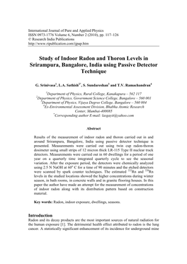Study of Indoor Radon and Thoron Levels in Srirampura, Bangalore, India Using Passive Detector Technique