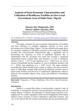 Analysis of Socio-Economic Characteristics and Utilization of Healthcare Facilities in Owo Local Government Area of Ondo State, Nigeria
