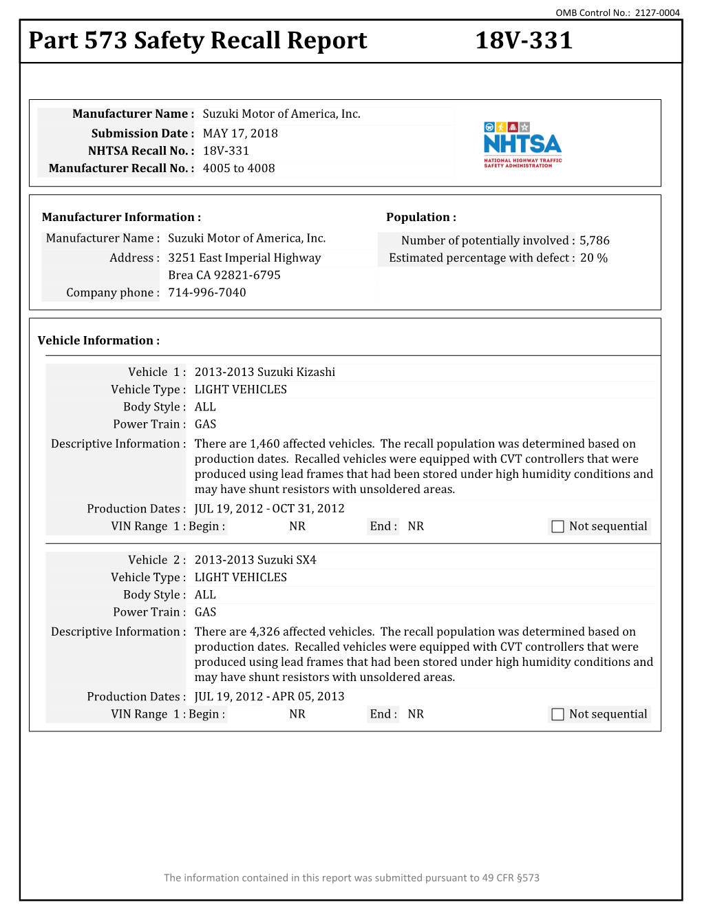 Part 573 Safety Recall Report 18V-331