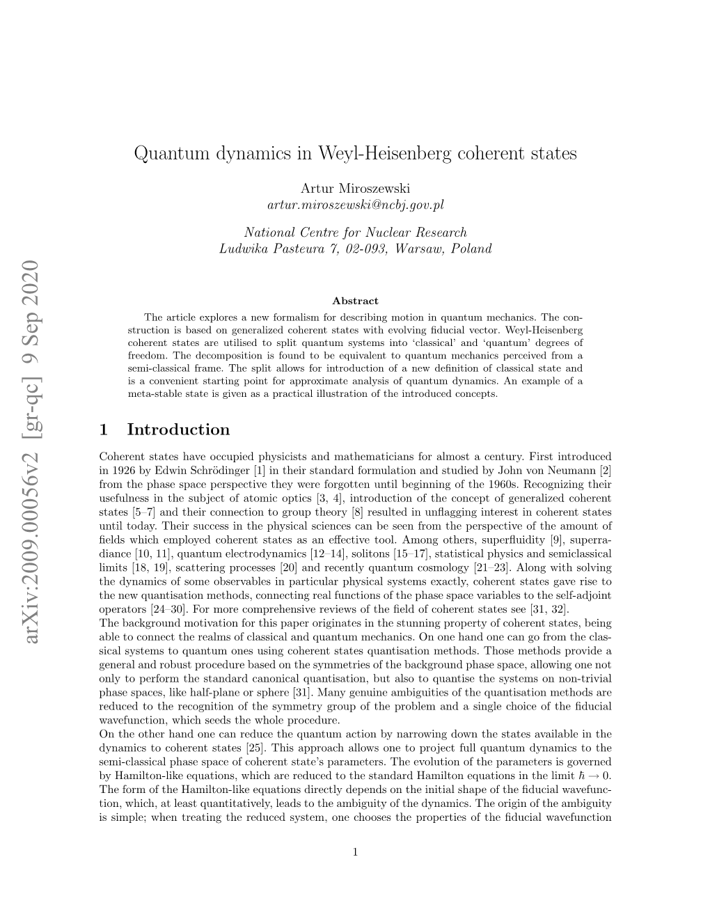 Quantum Dynamics in Weyl-Heisenberg Coherent States