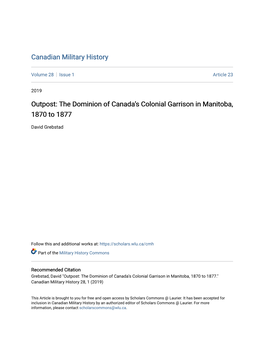 The Dominion of Canada's Colonial Garrison in Manitoba, 1870 to 1877
