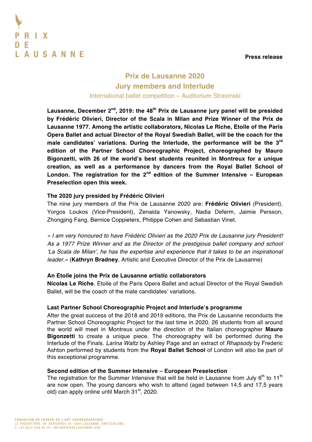 Prix De Lausanne 2020 Jury Members and Interlude International Ballet Competition – Auditorium Stravinski