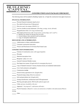 Construction Loan Package Checklist