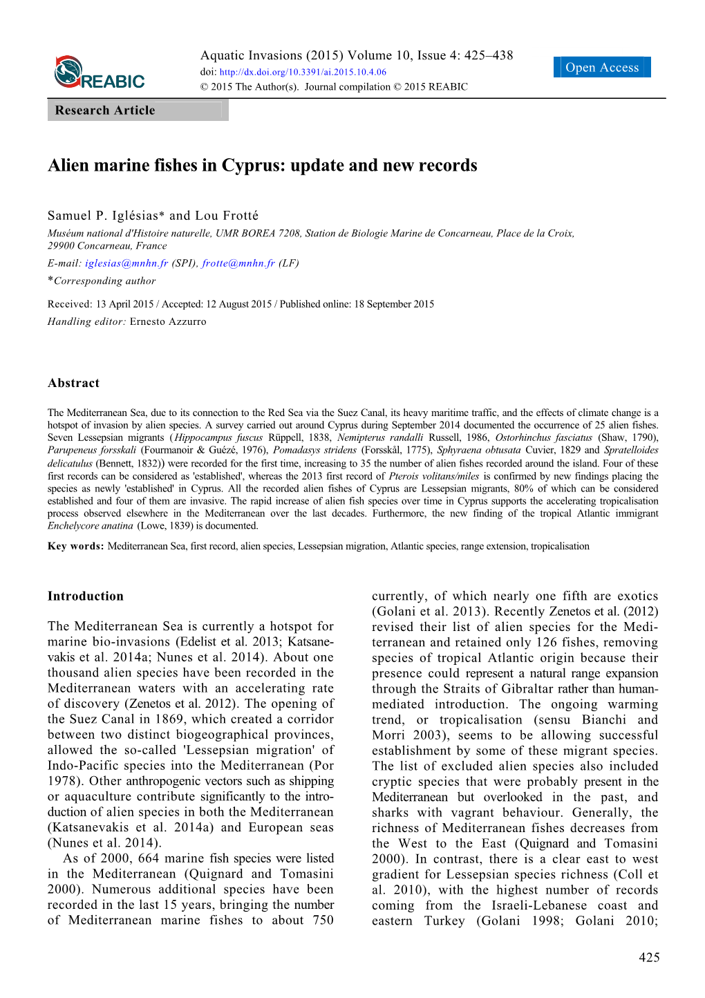 Alien Marine Fishes in Cyprus: Update and New Records