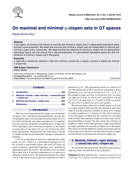 On Maximal and Minimal Μ-Clopen Sets in GT Spaces Rebati Mohan Roy1*