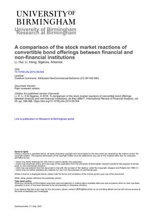 University of Birmingham a Comparison of the Stock Market Reactions of Convertible Bond Offerings Between Financial and Non-Fina