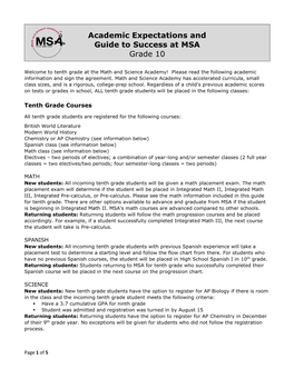 Academic Expectations and Guide to Success at MSA Grade 10