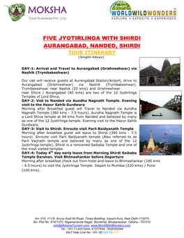FIVE JYOTIRLINGA with SHIRDI AURANGABAD, NANDED, SHIRDI TOUR ITINERARY (3Night-4Days)
