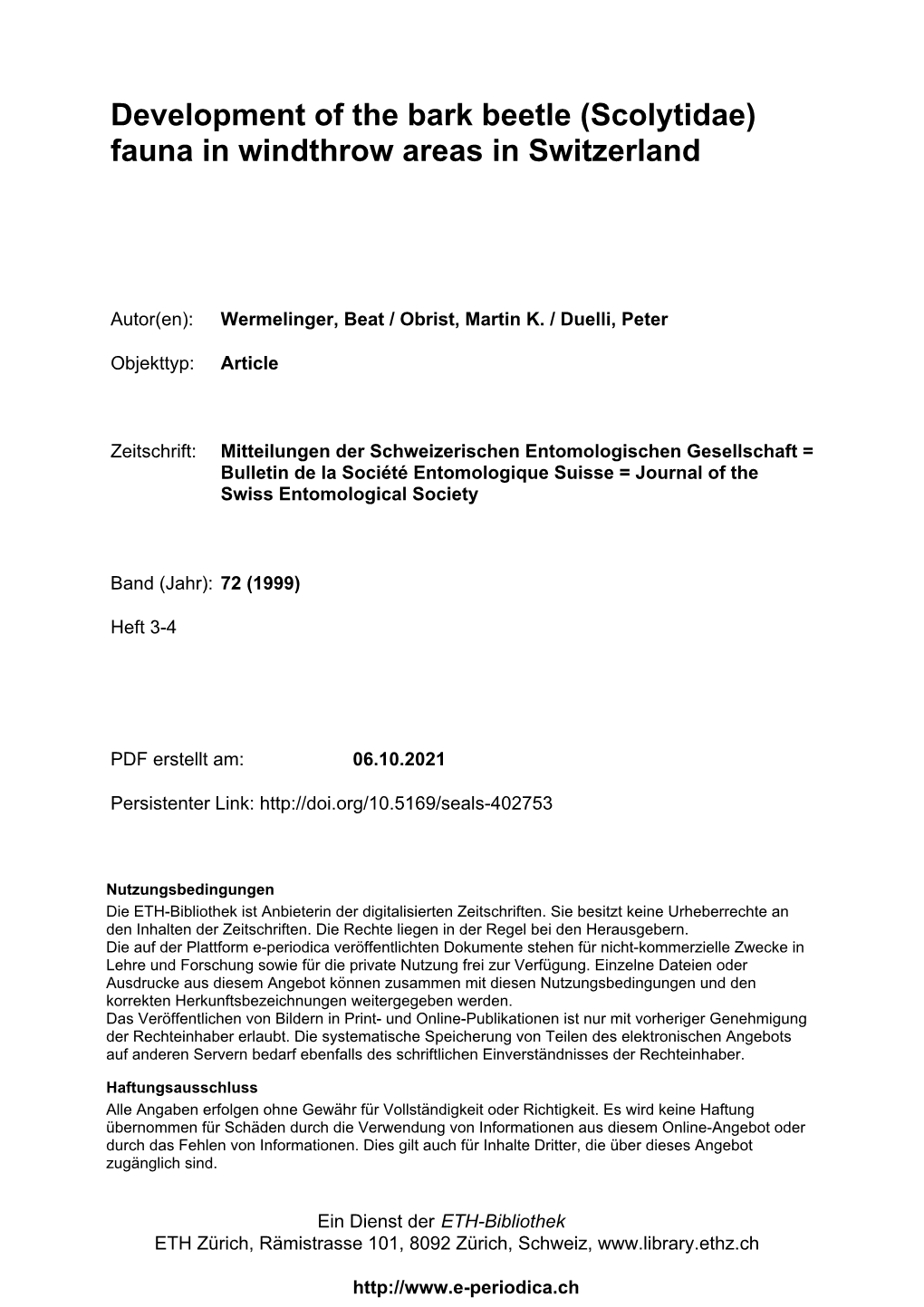 Development of the Bark Beetle (Scolytidae) Fauna in Windthrow Areas in Switzerland