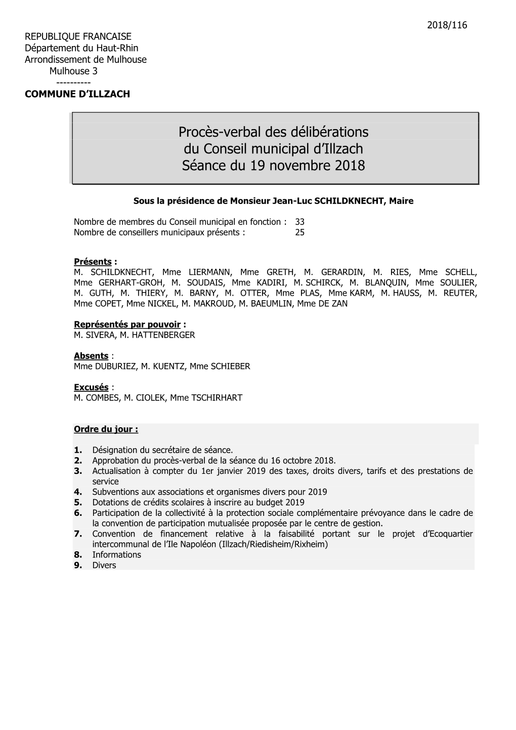 Procès-Verbal Des Délibérations Du Conseil Municipal D'illzach Séance