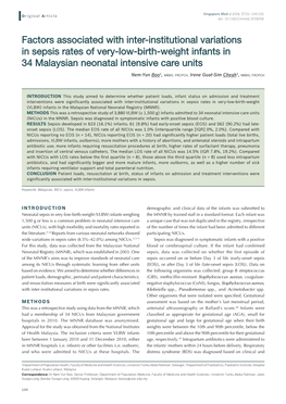 Factors Associated with Inter-Institutional Variations in Sepsis Rates of Very-Low-Birth-Weight Infants in 34 Malaysian Neonatal Intensive Care Units