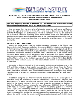 Cremation, Cremains and the Journey of Consciousness - Reflections from a Jewish Renewal Perspective Reb Simcha Raphael, Ph.D