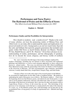 Performance and Norse Poetry: the Hydromel of Praise and the Effluvia of Scorn the Albert Lord and Milman Parry Lecture for 2001