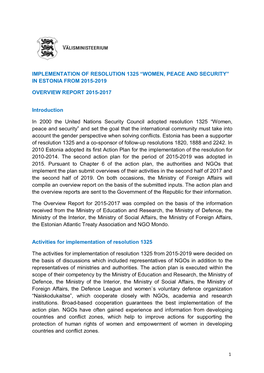 Implementation of Resolution 1325 “Women, Peace and Security” in Estonia from 2015-2019