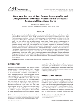 Four New Records of Two Genera Balanophyllia and Cladopsammia (Anthozoa: Hexacorallia: Scleractinia: Dendrophylliidae) from Korea