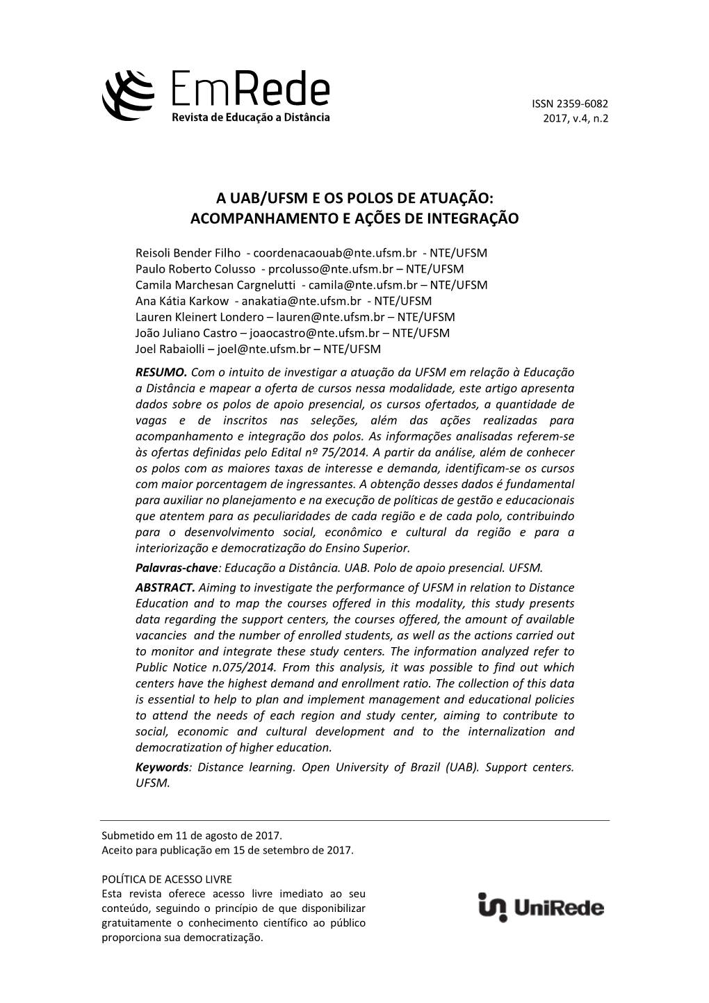 A Uab/Ufsm E Os Polos De Atuação: Acompanhamento E Ações De Integração