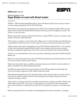 Sepp Blatter to Meet with Brazil Leader
