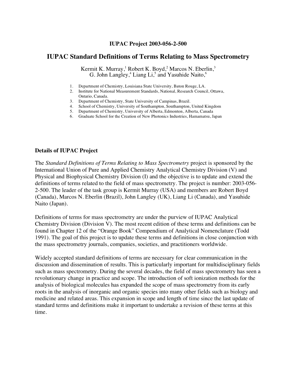 IUPAC Standard Definitions of Terms Relating to Mass Spectrometry