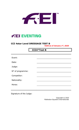 CCI 4Star Level DRESSAGE TEST B Valid As of January 1St, 2020