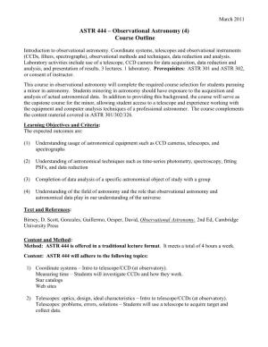 ASTR 444 – Observational Astronomy (4) Course Outline