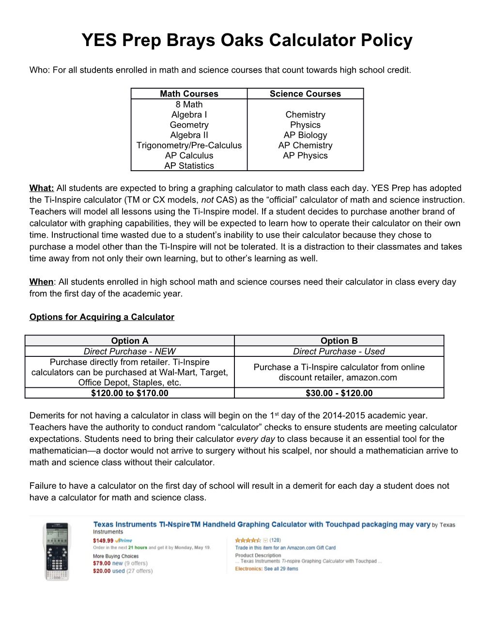 YES Prep Brays Oaks Calculator Policy