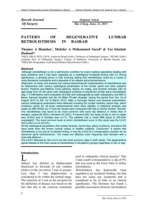 Pattern of Degenerative Lumbar Retrolisthesis in Basrah Thamer a Hamdan, Mubder a M