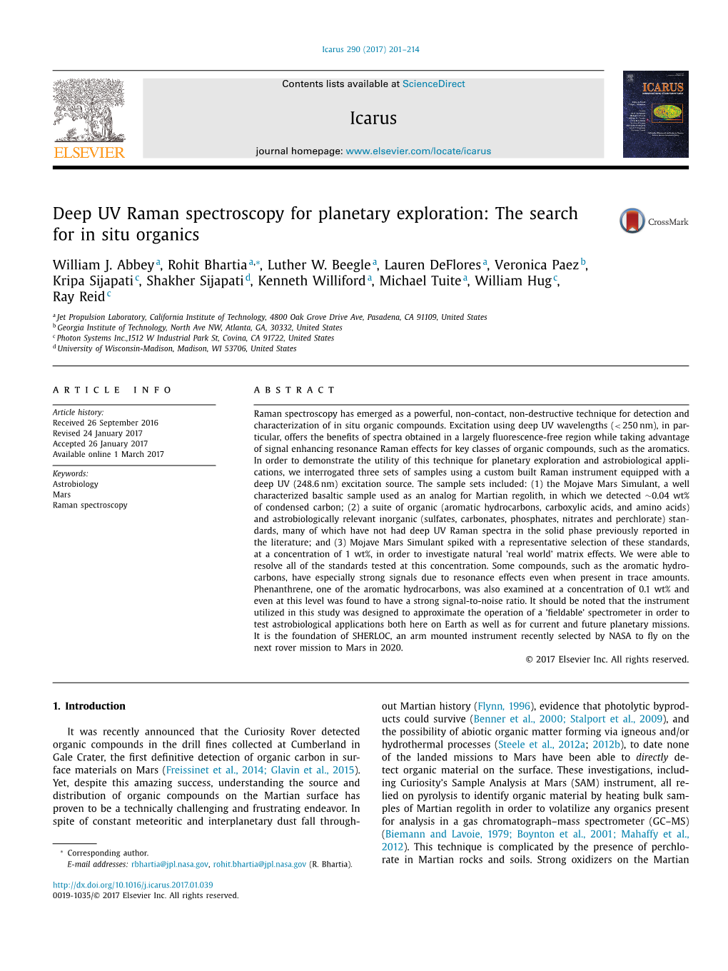 Deep UV Raman Spectroscopy for Planetary Exploration: the Search for in Situ Organics