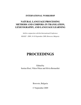 Workshop on Natural Language Processing Methods and Corpora in Translation, Lexicography, and Language Learning 2009