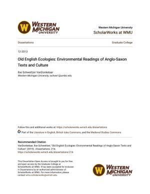 Old English Ecologies: Environmental Readings of Anglo-Saxon Texts and Culture