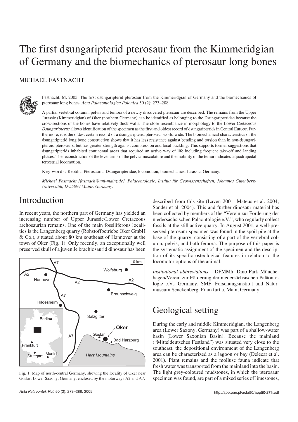 The First Dsungaripterid Pterosaur from the Kimmeridgian of Germany and the Biomechanics of Pterosaur Long Bones