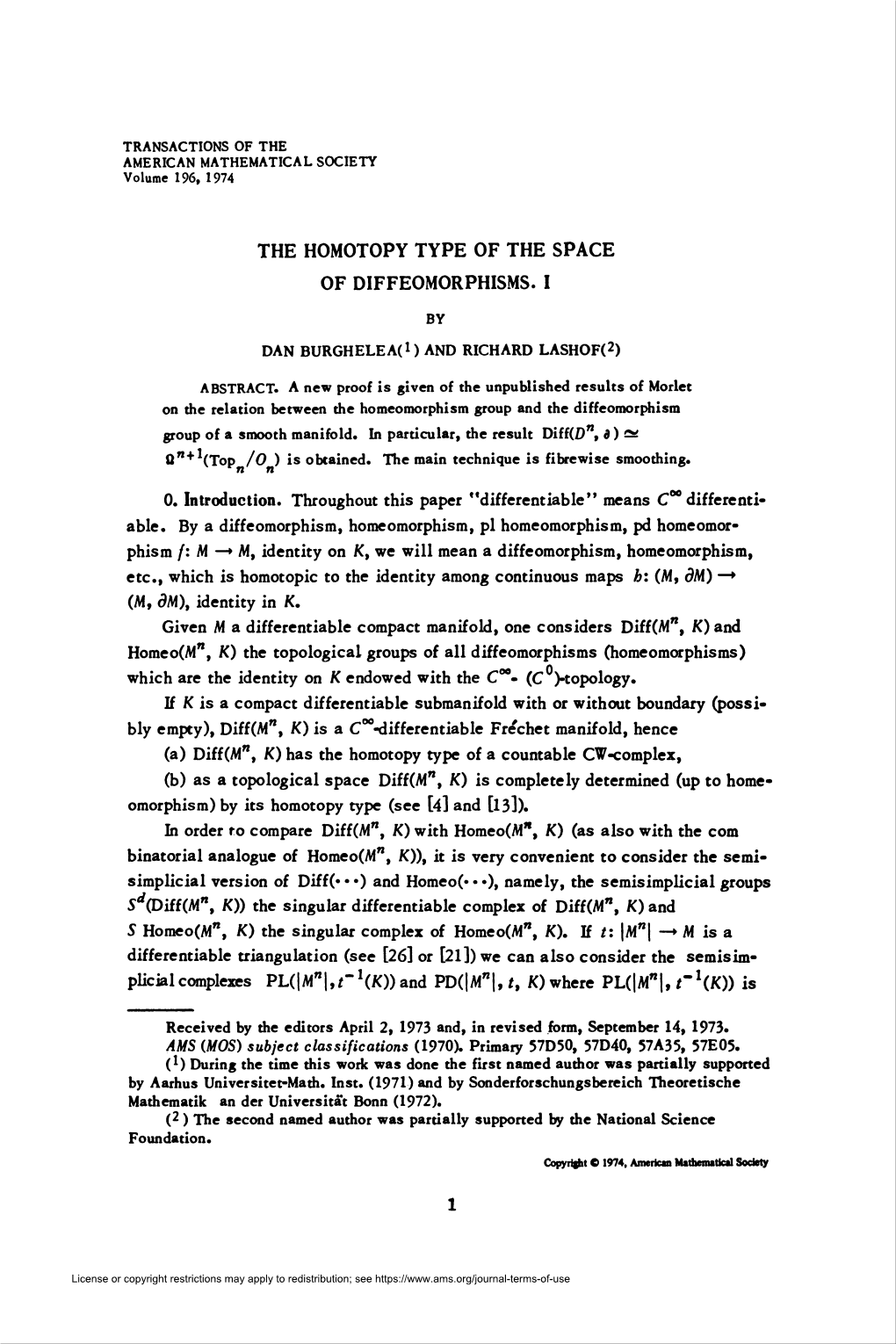 The Homotopy Type of the Space of Diffeomorphisms. I