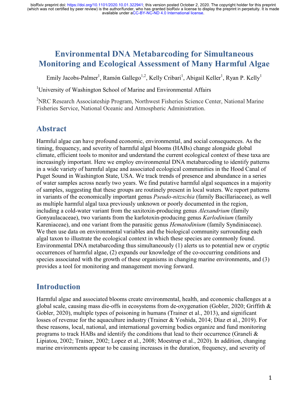 Environmental DNA Metabarcoding for Simultaneous Monitoring and Ecological Assessment of Many Harmful Algae