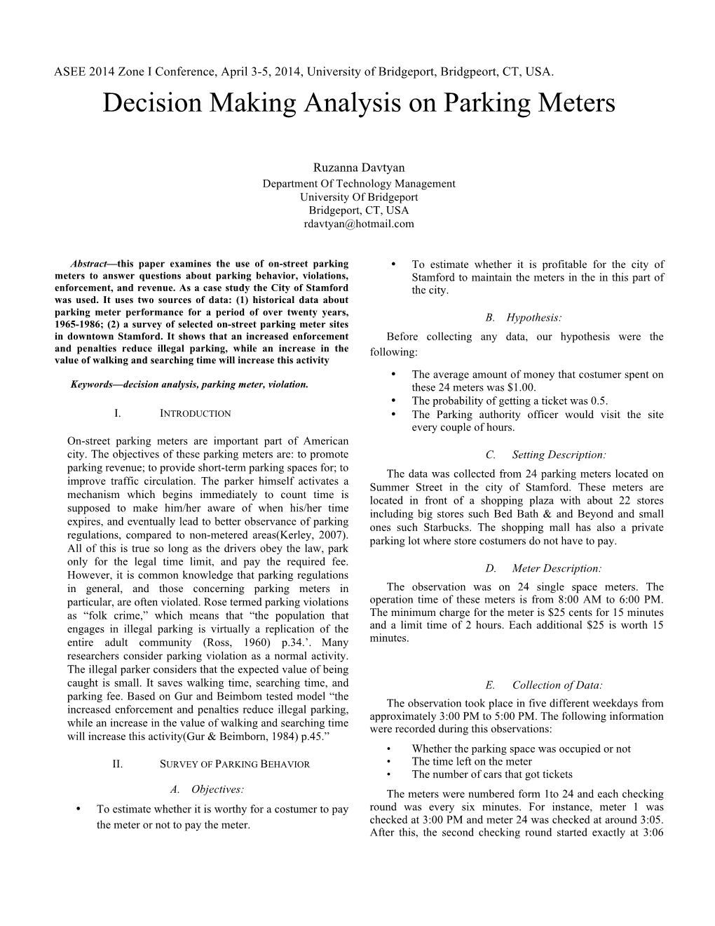 Decision Making Analysis on Parking Meters Ruzanna Davtyan University