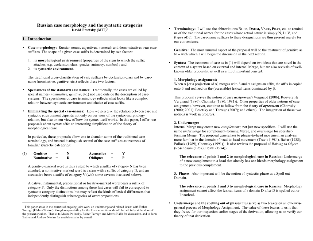 Russian Case Morphology and the Syntactic Categories David Pesetsky (MIT)1 • Terminology: I Will Use the Abbreviations NGEN, DNOM, VACC, PDAT, Etc